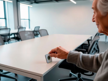 Senior man hand pressing wireless smart button on white table.の素材