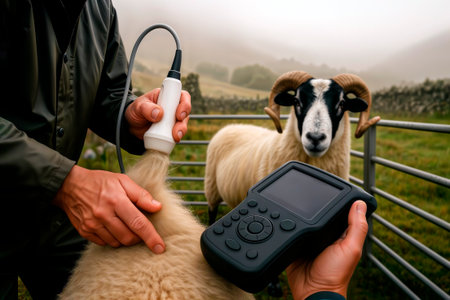 Veterinarian using portable ultrasound scanner on sheep in outdoor farm pen.の素材