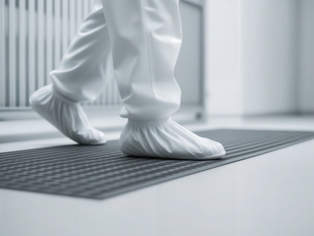 Worker feet in white protective shoe covers walking on sticky contamination mat.の素材