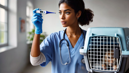 Female veterinarian holding digital thermometer looks away with dog in carrier.の素材