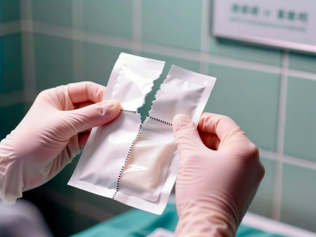 Gloved hands tearing open sterile medical packet in clinical environment.の素材