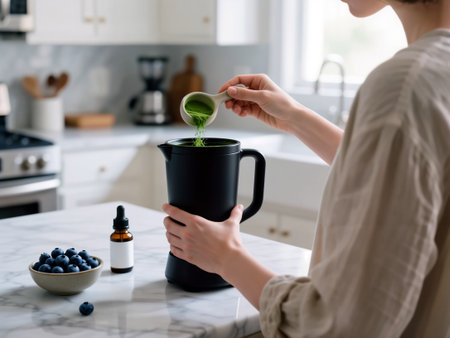 Woman pours green powder into a black blender in a bright kitchen with blueberries.の素材