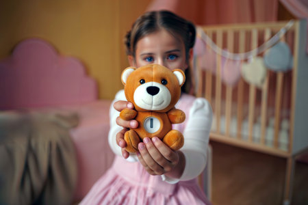 A young girl holds a smart teddy bear with a monitoring device in a pink nursery.の素材
