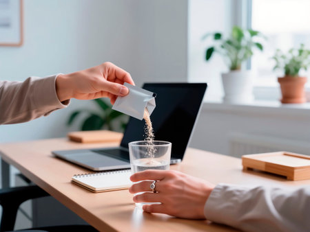 Hands pouring a powder supplement from a sachet into a glass of water at an office desk.の素材