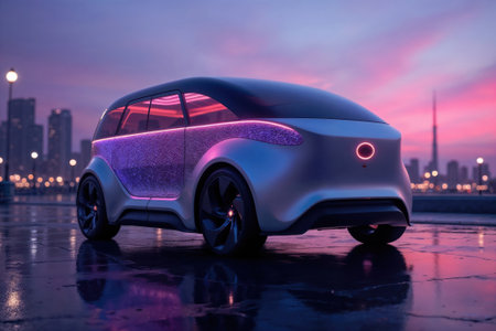 Futuristic autonomous concept car parked on wet pavement at dusk.の素材