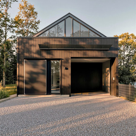 Modern black architectural garage with open door and gravel driveway at sunset.の素材