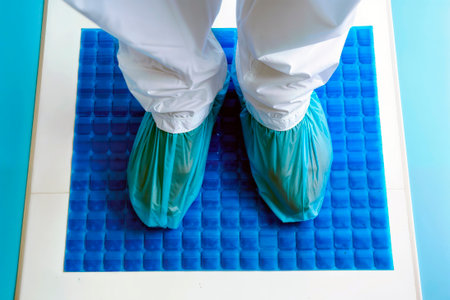 Person in cleanroom suit with shoe covers on a sticky mat.の素材