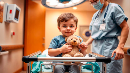 A young patient holds a teddy bear on a hospital bed with a medical professional in the background.の素材