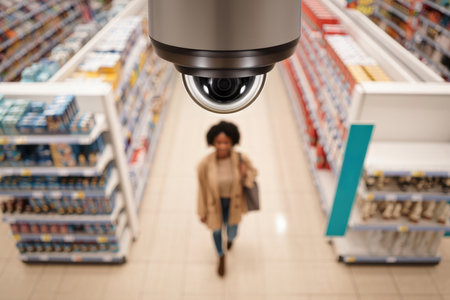 Overhead security camera monitoring blurred shopper in supermarket aisle.の素材