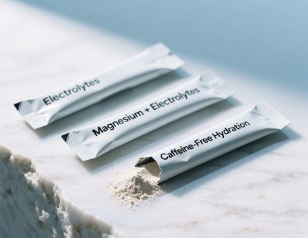 Open electrolyte powder sachet spills contents next to magnesium packets on marble.の素材