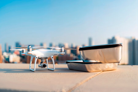 Quadcopter drone positioned on rooftop next to foil food delivery containers.の素材