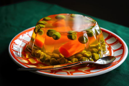 Close-up of a retro-style savory vegetable jelly aspic containing peas and carrots served on a patterned plate with a spoon.の素材