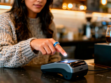 Woman pays for purchase using a contactless smart ring on a card terminal.の素材