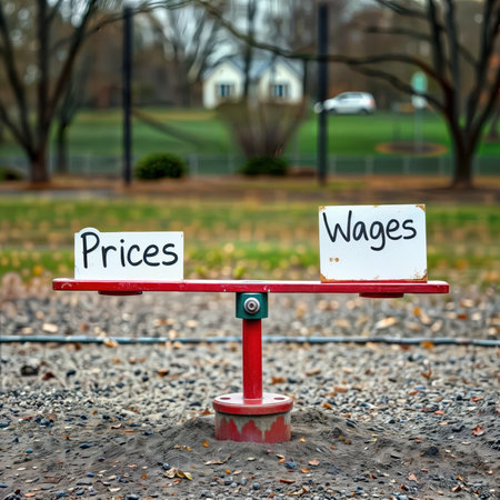 Red playground seesaw balances signs labeled prices and wages outdoors.の素材