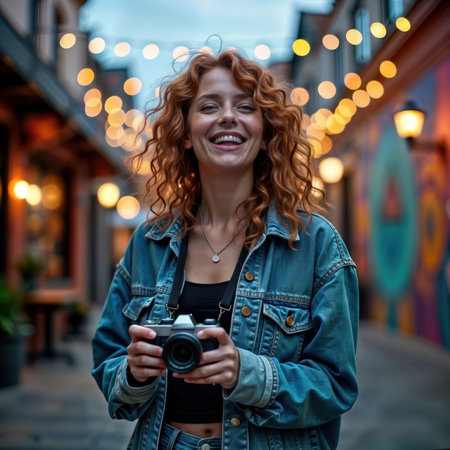 Smiling woman with curly red hair and a camera in an alley with string lights.の素材
