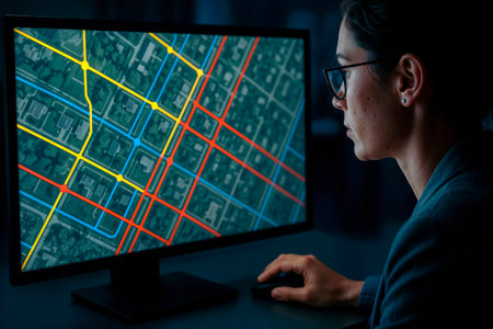 Analyst studying a digital city map with colored routes on a monitor.の素材