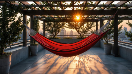 Red hammock hanging under a pergola on a city rooftop terrace at sunset.の素材