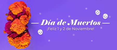 Banner for the day of the dead with Cempasuchil flowers and phrase written in white on a purple background. High quality photoの写真素材