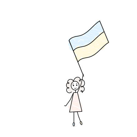 stay with Ukraine, support ukrainians, a little girl holding blue and yellow flag of Ukraine, vector doodle illustrationのイラスト素材