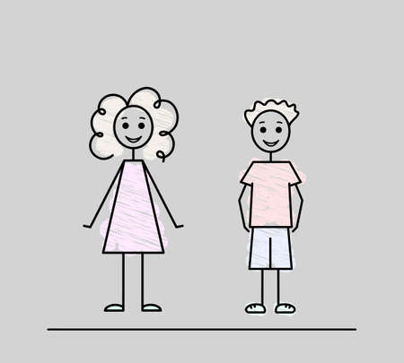 happy girl boy pencil drawing black outline doodle vector illustrationのイラスト素材