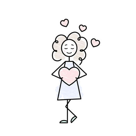 girl character in love black outline pencil drawing flat doodle illustrationのイラスト素材