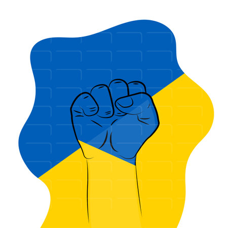we are the winners, stand with Ukraine, stay strong, raised fist, clenched fist, symbol of solidarity, strength or resistance, ukrainian flag, blue and yellow, rally to support Ukraineのイラスト素材