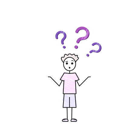 confused young curly teen boy with purple question marks overhead vector sketch illustrationのイラスト素材