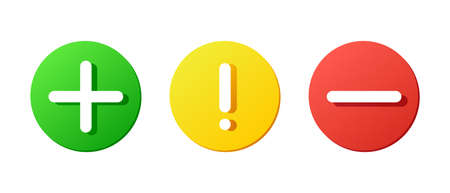 set of plus and minus icons, positive and negative symbols, exclamation rounded buttons, check mark vector icon, green yellow redのイラスト素材