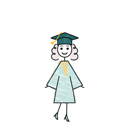 happy student girl colorful doodle vector illustration, end of school day, graduation ceremony drawing clip-artのイラスト素材