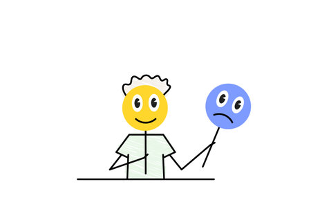 positive thinking concept, i choose to be positive, my mood today, a boy is holding yellow happy face mask simple sketch, doodle vector illustrationのイラスト素材