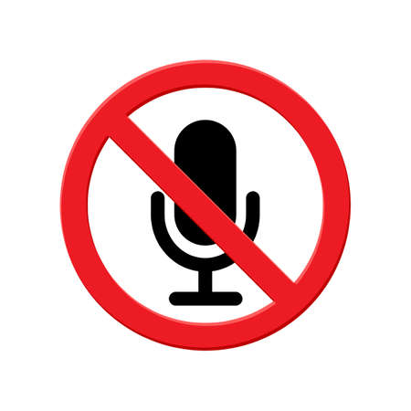 no audio recording, microphone sign, prohibition symbol sticker for area places, flat icon in red crossed out circle, isolated on white background, vector illustrationのイラスト素材