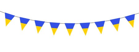 flag of ukraine, bunting garland, string of triangular flags for outdoor party, blue and yellow flags, pennant, decoration, retro style vector illustrationのイラスト素材