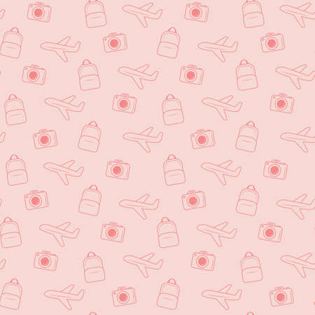 travel pink pattern, airplane, backpack and camera icons for background, print, walllpaper vector imageのイラスト素材