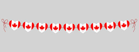 Canada Day, flag of canada color hearts garland, string of hearts for outdoor party, red maple leaf, decoration, simple vector illustrationのイラスト素材