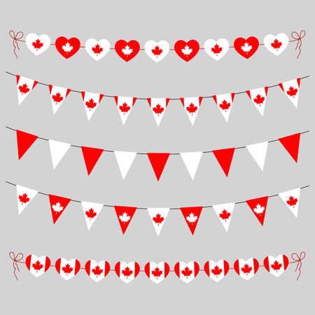 Canada Day decoration garland set, red and white, flag of canada color hearts garland, string of pennants for outdoor party, red maple leaf, decoration, simple vector illustrationのイラスト素材