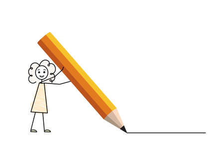 curly little girl writing with a giant pencil, back to school vector illustration, doodle style simple sketchのイラスト素材