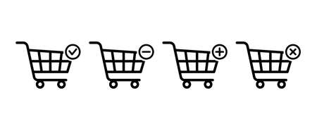 simple set of shopping cart vector black line icons, online shop, add, delete, e-commerceのイラスト素材
