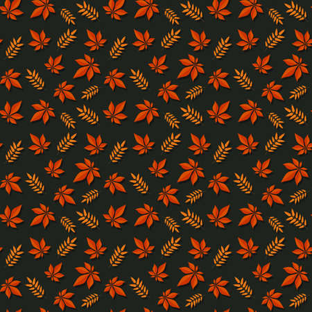autumn leaves pattern, bright fall pattern with a dark green background, vector background for textile or book covers, wallpapers, design, graphic art, printing, hobby, invitation. continious imageのイラスト素材