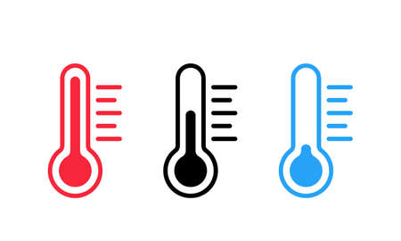 thermometer isolated vector icon, weather measuring symbol, heat, cold, red, black, blue icons set