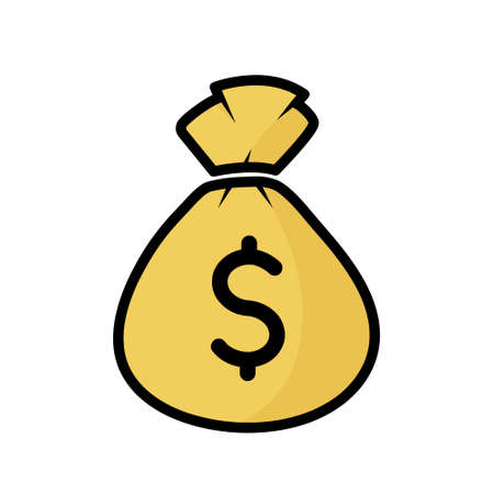 yellow money bag black outline vector icon, sack full of dollar coins, finance concept, savings iconのイラスト素材
