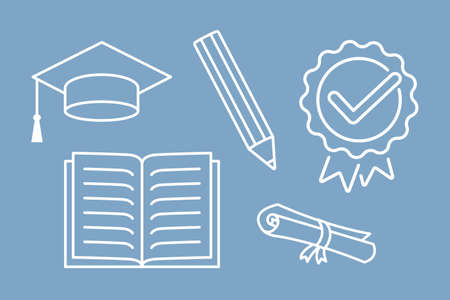 set of simple school icons for online education platform, white outline, hat, scroll, book, pencil, medal, education symbols, drawing clip-art, doodle vector elementsのイラスト素材