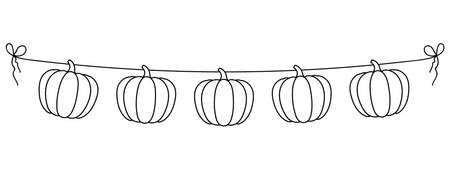 pumpkins hanging on a string, fall season banner decoration element, seasonal festive garland, black line, vector illustrationのイラスト素材