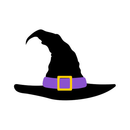 black witch hat, Halloween symbol, silhouette, purple ribbon and a yellow buckle, decorative...