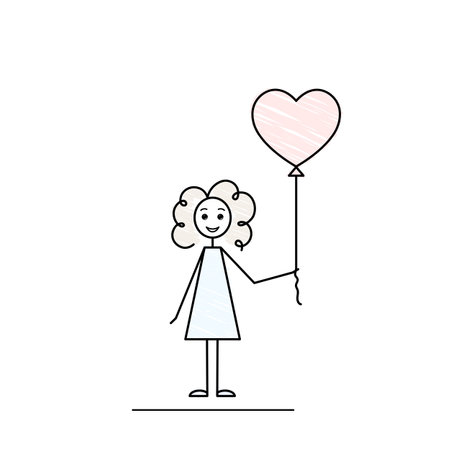 girl with balloon, cute little girl with heart shaped balloon, female character, isolated on white background, black line doodle vector illustration, pencil drawn style, single womanのイラスト素材