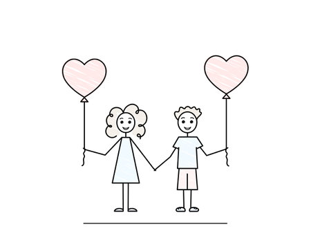 boy and girl with heart shape balloons, teenager s love, cute characters, isolated on white background, black line doodle vector illustration, pencil drawn styleのイラスト素材