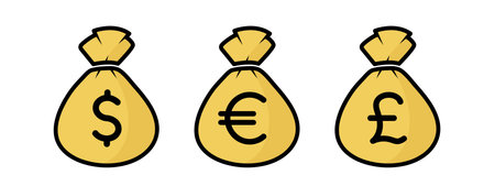 yellow bags with black line money sign, set of sucks with currency symbol dollar, euro, british pound sterling, financial and banking infographic, vector illustrationのイラスト素材