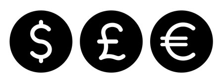 set of currency symbols british pound, euro, dollar, black filled circle icons, money icon vector vector illustration designのイラスト素材