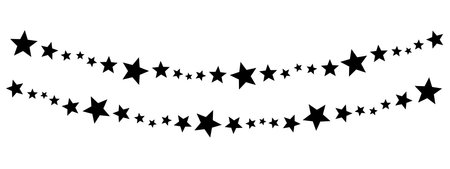 string of stars, star shape decorative element, christmas symbol, black filled vector border, simple decorative garland for carnival or celebration, decor garlands isolated on white backgroundのイラスト素材