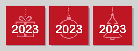 2023 Merry Christmas and Happy New Year banners or greeting cards with gift box, christmas ball, christmas tree, set of three red cards, winter holidays celebration vectorのイラスト素材