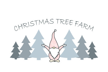 pick out the perfect tree at the Christmas tree farm, flat vector illustration, scandinavian gnome, graphics for invitation or gift card makingのイラスト素材
